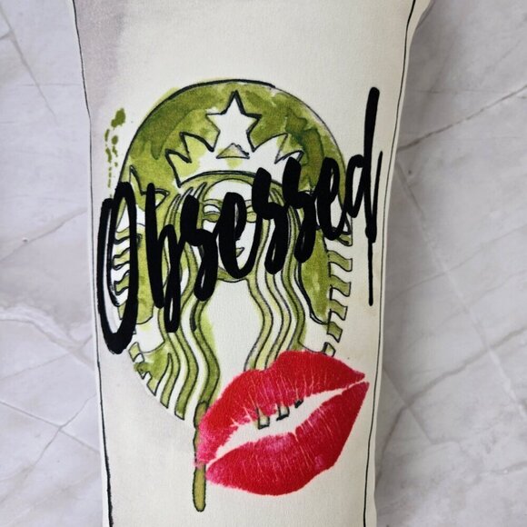 Starbucks Coffee Cup Shaped Accent Pillow "Obsessed" Red Lip Print Whimsical - Picture 2 of 7